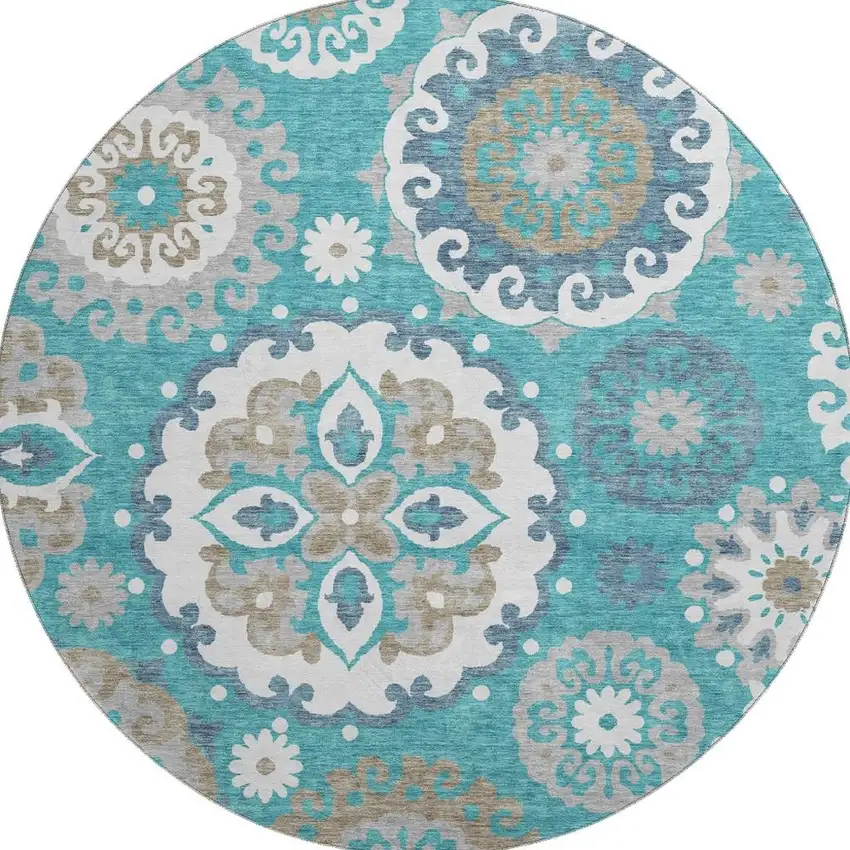 8' Teal Ivory And Gray Medallion Washable Round Rug With UV Protection Photo 4