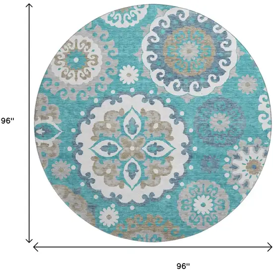 8' Teal Ivory And Gray Medallion Washable Round Rug With UV Protection Photo 3