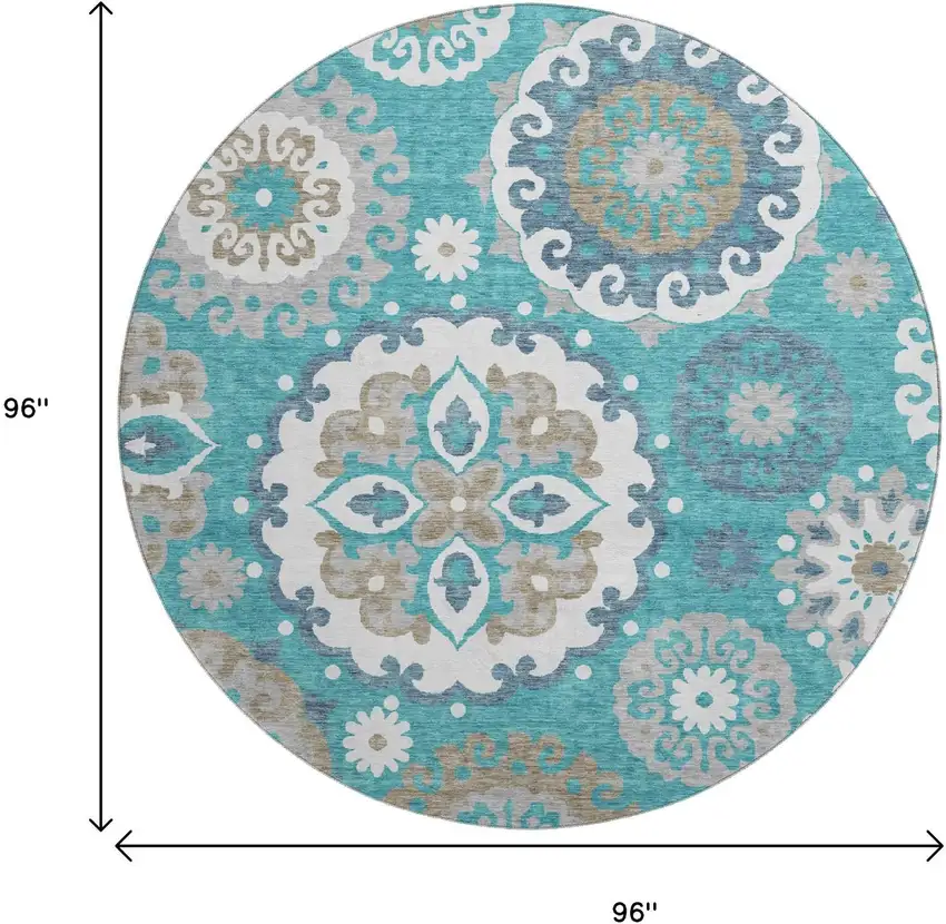 8' Teal Ivory And Gray Medallion Washable Round Rug With UV Protection Photo 3