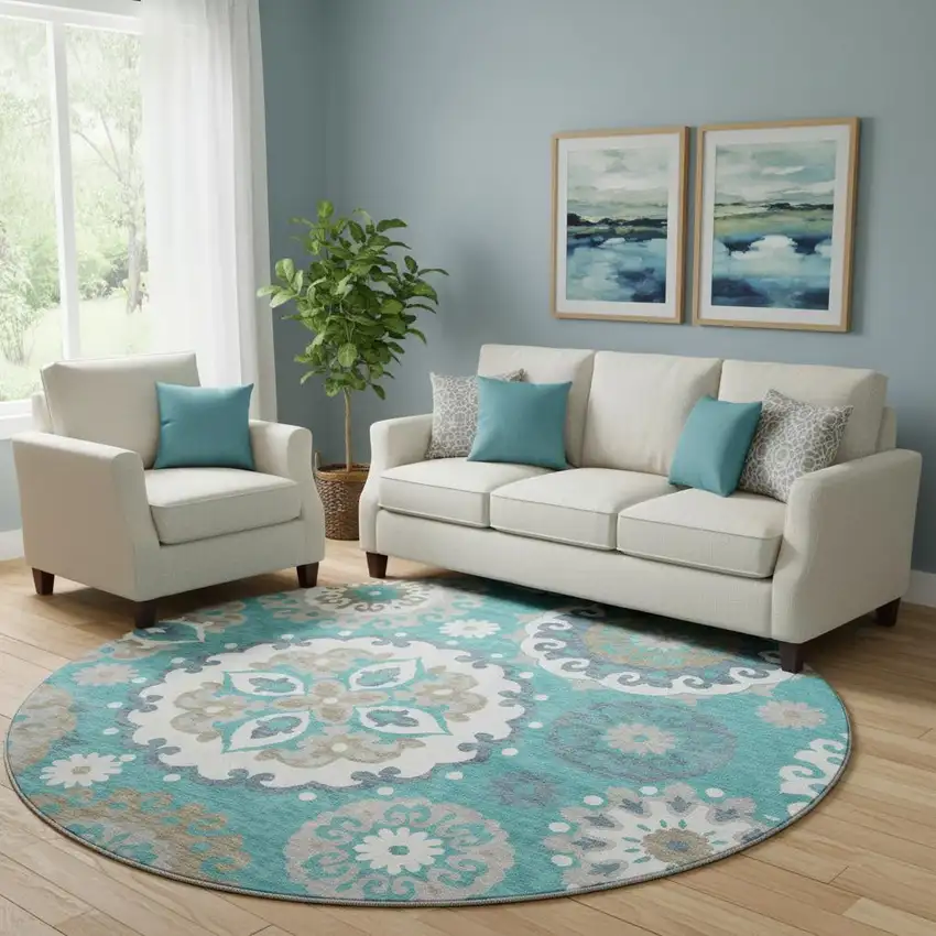 8' Teal Ivory And Gray Medallion Washable Round Rug With UV Protection Photo 1