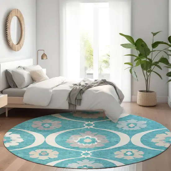 8' Teal Ivory And Gray Medallion Washable Round Rug With UV Protection Photo 5