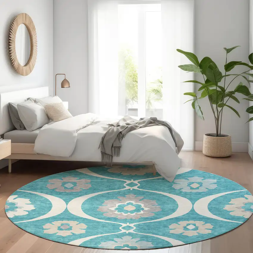 8' Teal Ivory And Gray Medallion Washable Round Rug With UV Protection Photo 5