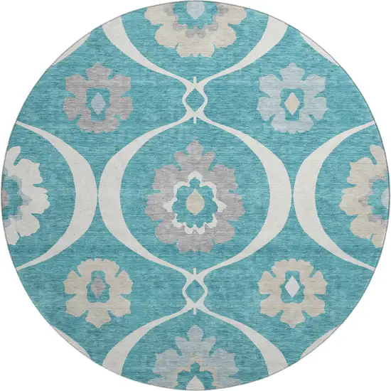 8' Teal Ivory And Gray Medallion Washable Round Rug With UV Protection Photo 1