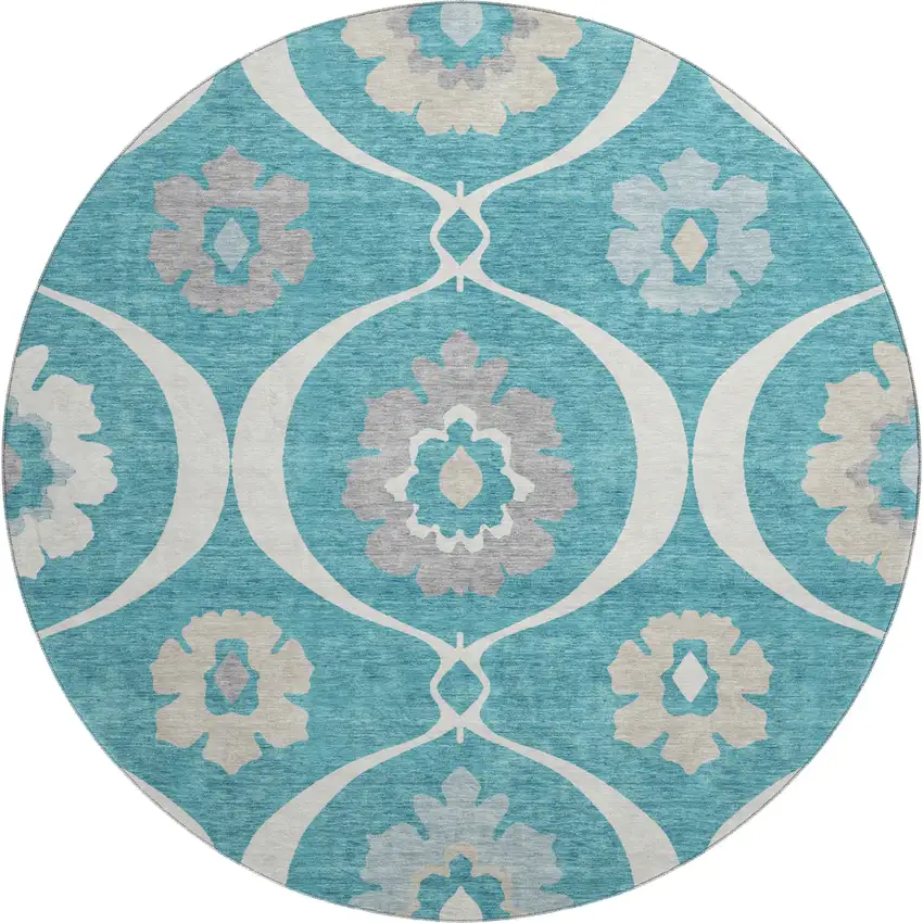 8' Teal Ivory And Gray Medallion Washable Round Rug With UV Protection Photo 1
