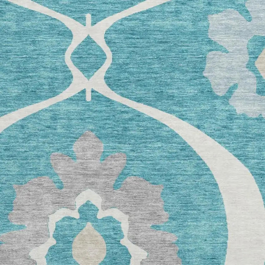 8' Teal Ivory And Gray Medallion Washable Round Rug With UV Protection Photo 3