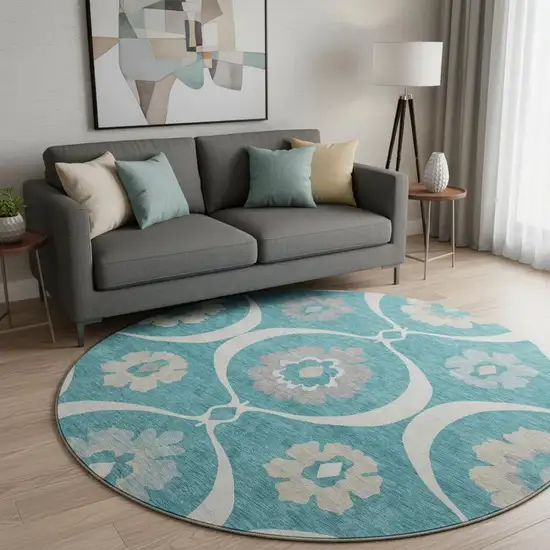 8' Teal Ivory And Gray Medallion Washable Round Rug With UV Protection Photo 2