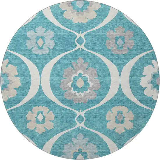 8' Teal Ivory And Gray Medallion Washable Round Rug With UV Protection Photo 4