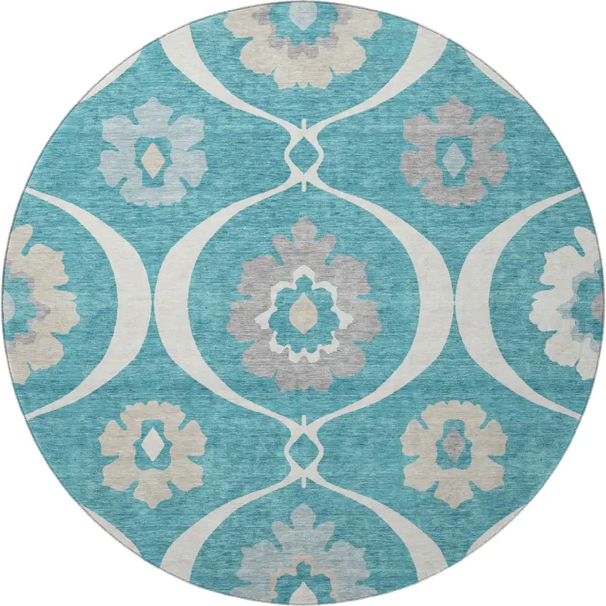 8' Teal Ivory And Gray Medallion Washable Round Rug With UV Protection Photo 4
