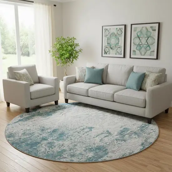 8' Teal Ivory And Gray Medallion Washable Round Rug With UV Protection Photo 1