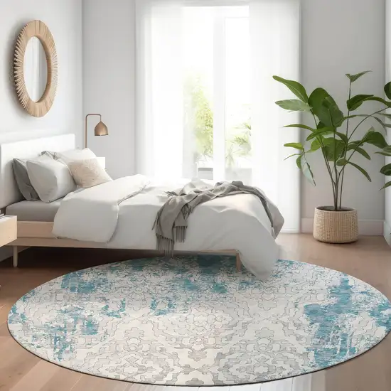 8' Teal Ivory And Gray Medallion Washable Round Rug With UV Protection Photo 6