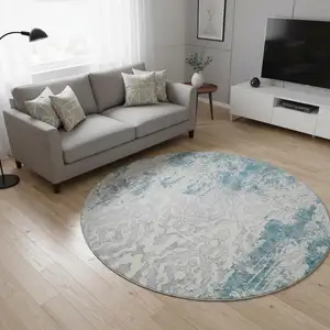 Photo of 8' Teal Ivory And Gray Medallion Washable Round Rug With UV Protection