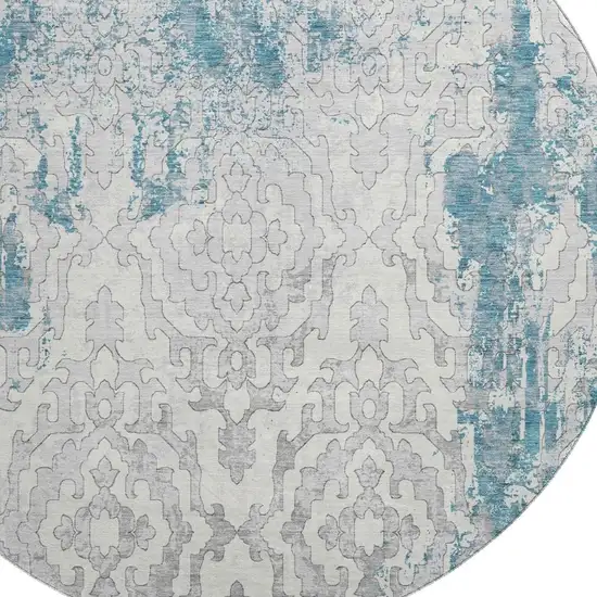 8' Teal Ivory And Gray Medallion Washable Round Rug With UV Protection Photo 4