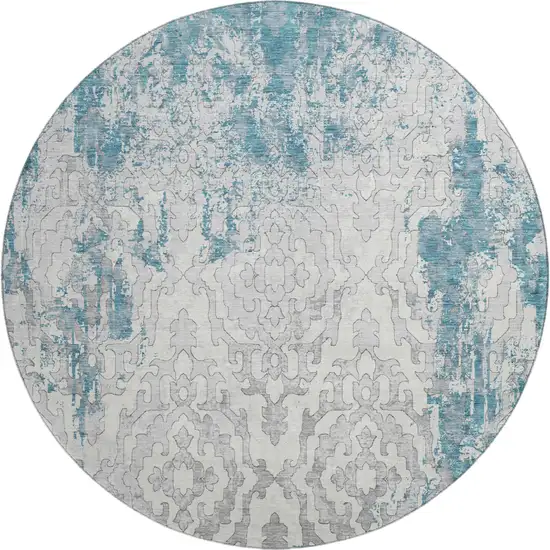 8' Teal Ivory And Gray Medallion Washable Round Rug With UV Protection Photo 2