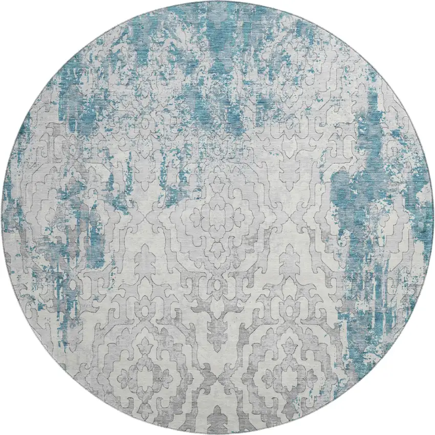 8' Teal Ivory And Gray Medallion Washable Round Rug With UV Protection Photo 2