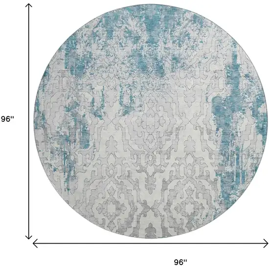8' Teal Ivory And Gray Medallion Washable Round Rug With UV Protection Photo 3