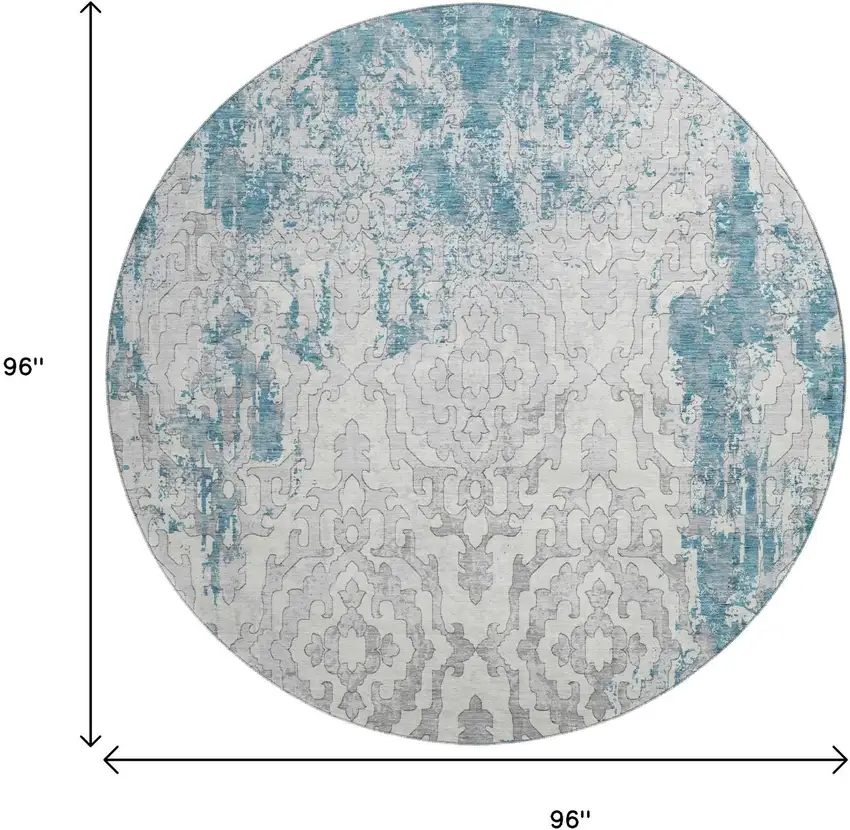 8' Teal Ivory And Gray Medallion Washable Round Rug With UV Protection Photo 3