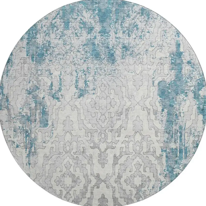 8' Teal Ivory And Gray Medallion Washable Round Rug With UV Protection Photo 5