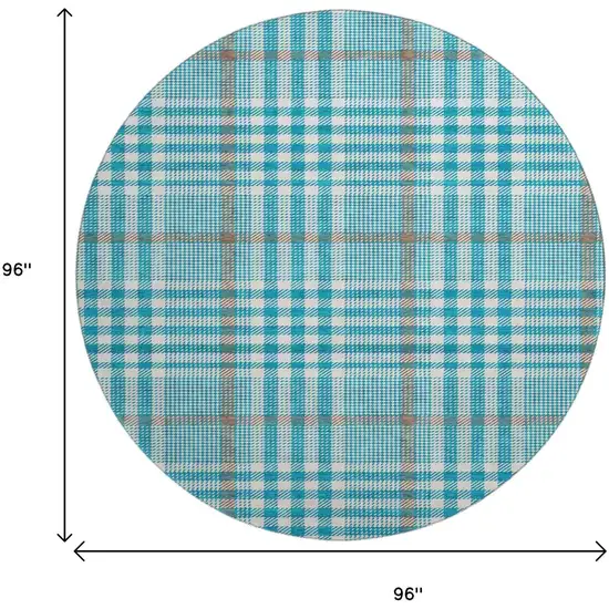 8' Teal Ivory And Gray Plaid Washable Round Rug With UV Protection Photo 9