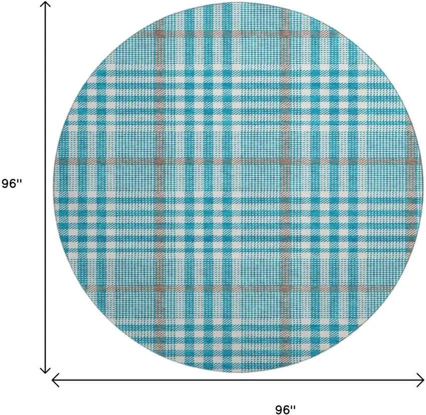 8' Teal Ivory And Gray Plaid Washable Round Rug With UV Protection Photo 9