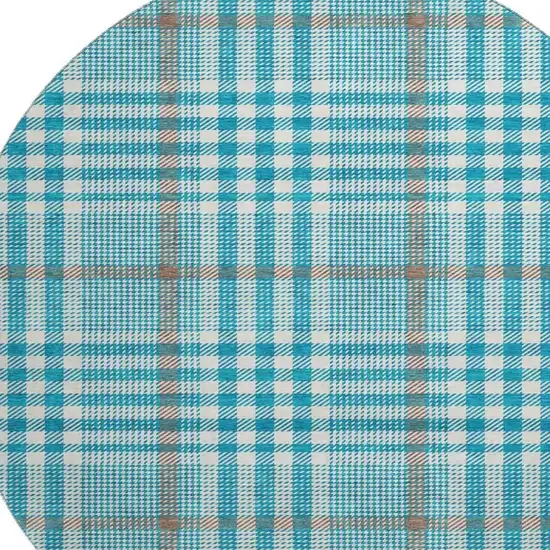 8' Teal Ivory And Gray Plaid Washable Round Rug With UV Protection Photo 2