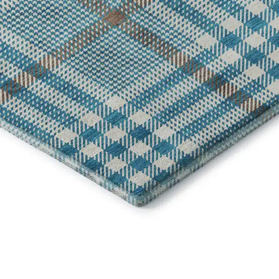 8' Teal Ivory And Gray Plaid Washable Round Rug With UV Protection Photo 6