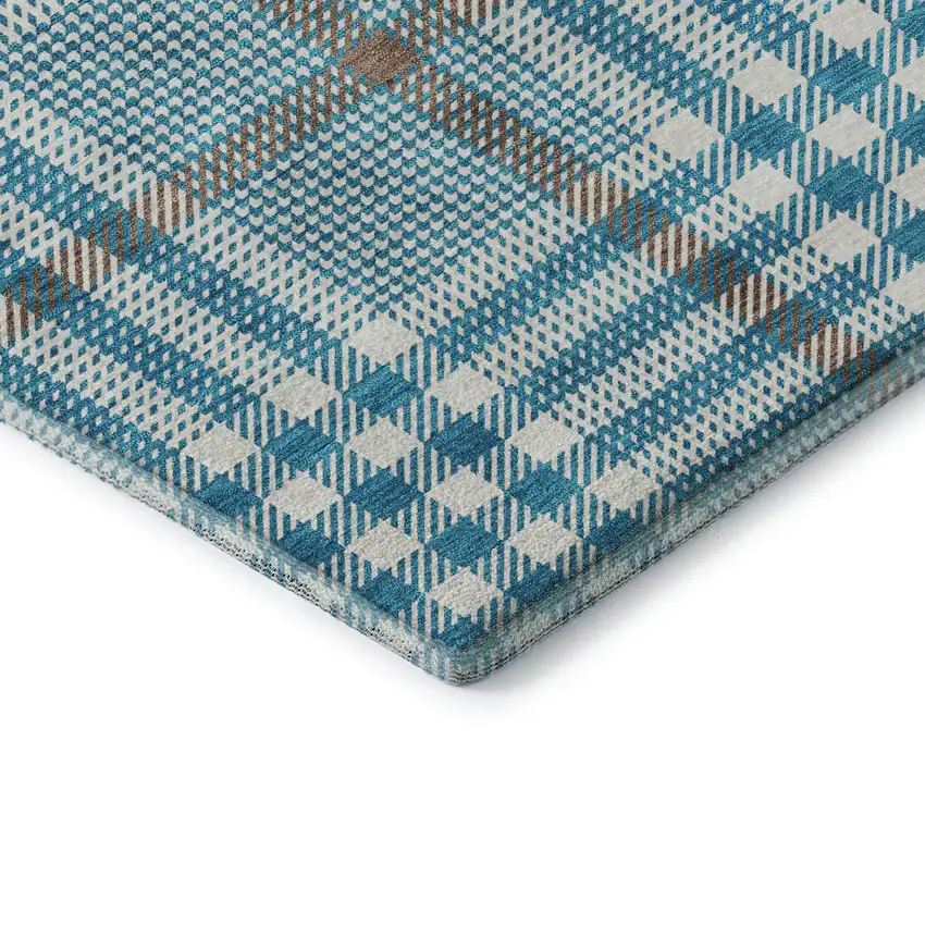 8' Teal Ivory And Gray Plaid Washable Round Rug With UV Protection Photo 6