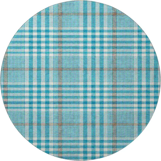 8' Teal Ivory And Gray Plaid Washable Round Rug With UV Protection Photo 3