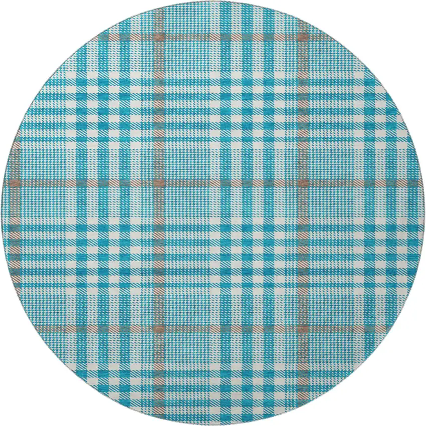8' Teal Ivory And Gray Plaid Washable Round Rug With UV Protection Photo 3