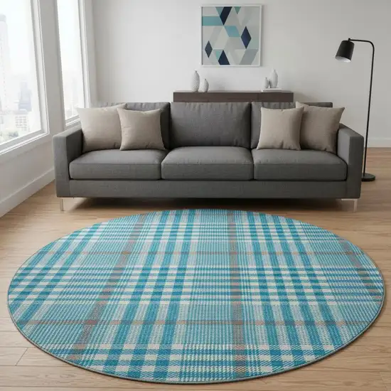 8' Teal Ivory And Gray Plaid Washable Round Rug With UV Protection Photo 2