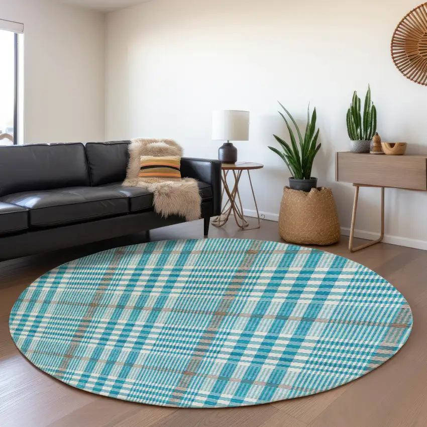 8' Teal Ivory And Gray Plaid Washable Round Rug With UV Protection Photo 4