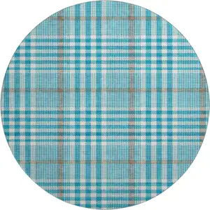 Photo of 8' Teal Ivory And Gray Plaid Washable Round Rug With UV Protection