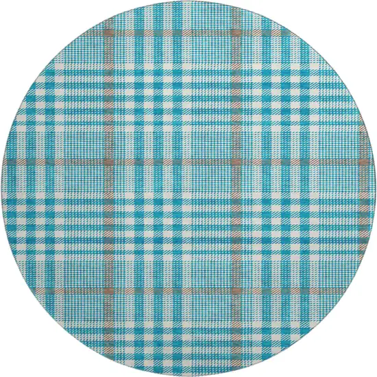 8' Teal Ivory And Gray Plaid Washable Round Rug With UV Protection Photo 1