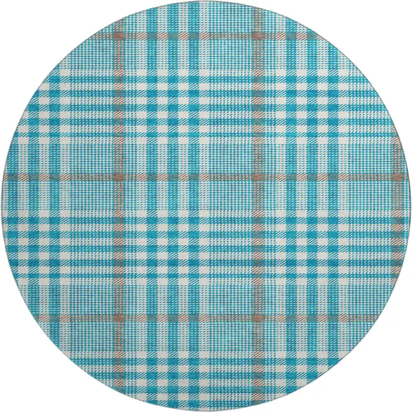 8' Teal Ivory And Gray Plaid Washable Round Rug With UV Protection Photo 1
