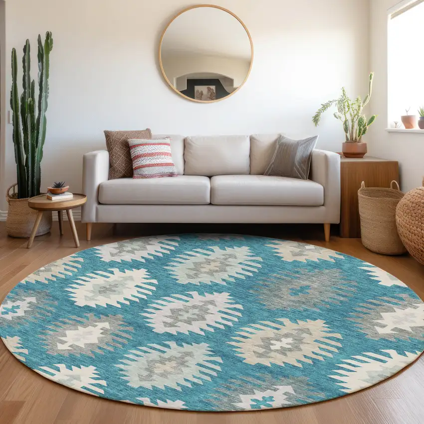 8' Teal Ivory And Gray Southwestern Washable Round Rug With UV Protection Photo 4