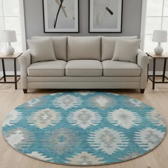 8' Teal Ivory And Gray Southwestern Washable Round Rug With UV Protection Photo 2