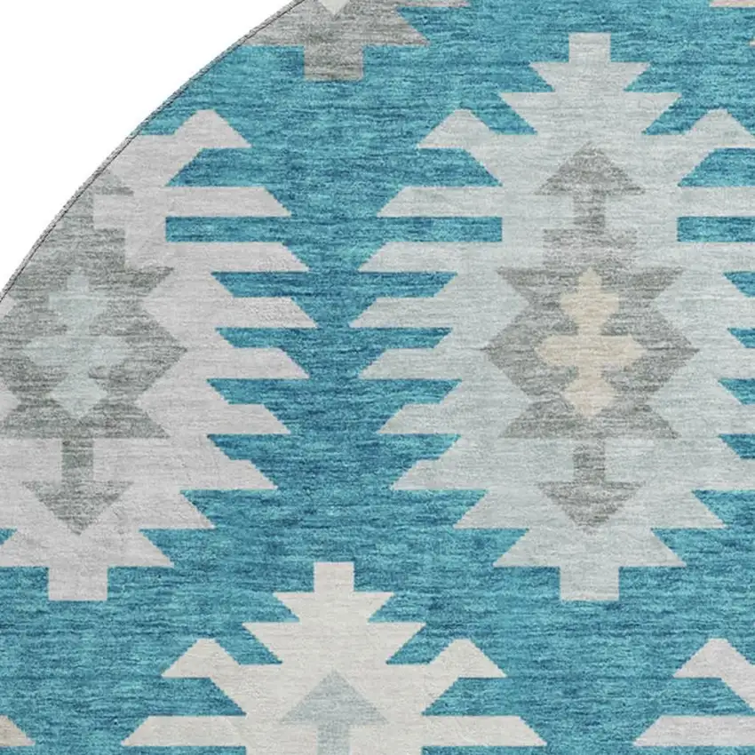 8' Teal Ivory And Gray Southwestern Washable Round Rug With UV Protection Photo 2