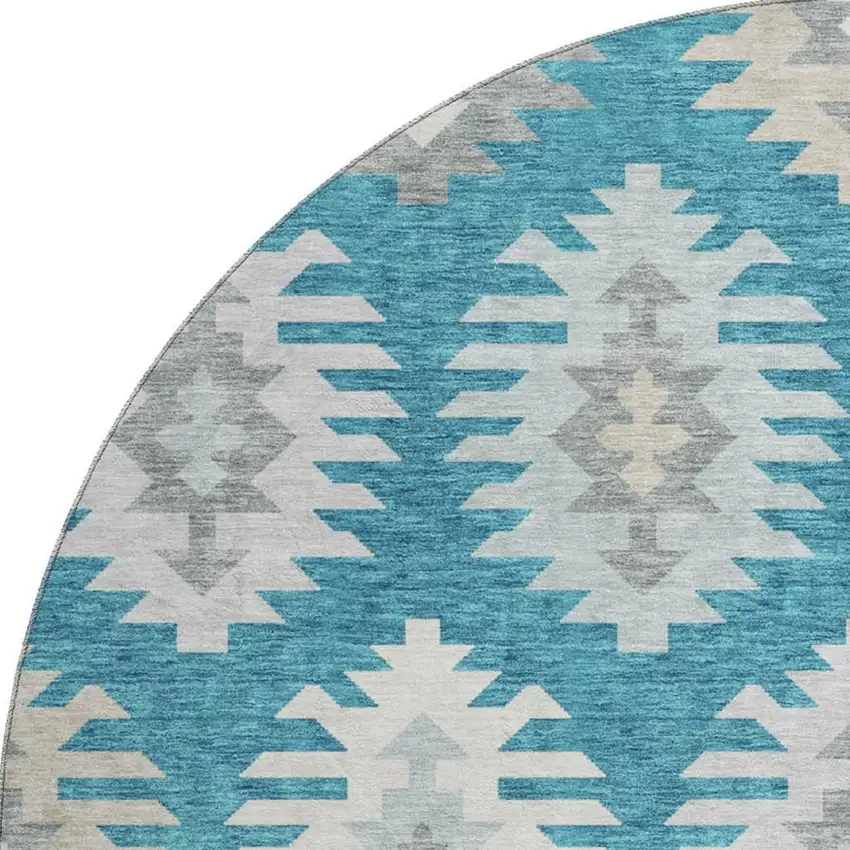 8' Teal Ivory And Gray Southwestern Washable Round Rug With UV Protection Photo 3