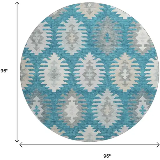 8' Teal Ivory And Gray Southwestern Washable Round Rug With UV Protection Photo 9