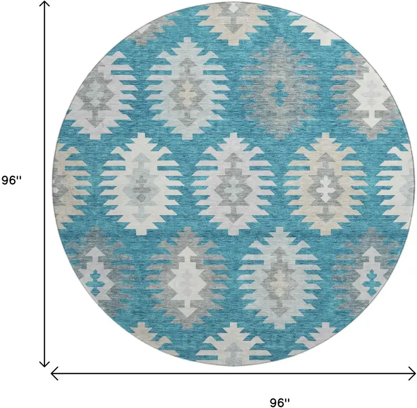 8' Teal Ivory And Gray Southwestern Washable Round Rug With UV Protection Photo 9