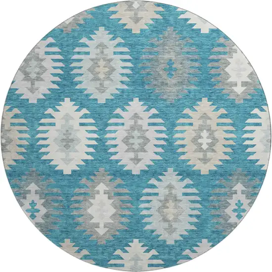 8' Teal Ivory And Gray Southwestern Washable Round Rug With UV Protection Photo 1
