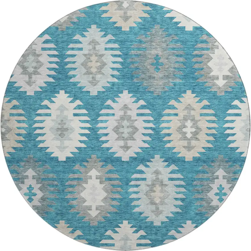8' Teal Ivory And Gray Southwestern Washable Round Rug With UV Protection Photo 1