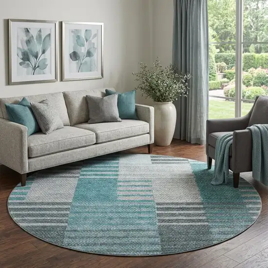 8' Teal Ivory And Gray Striped Washable Round Rug With UV Protection Photo 1