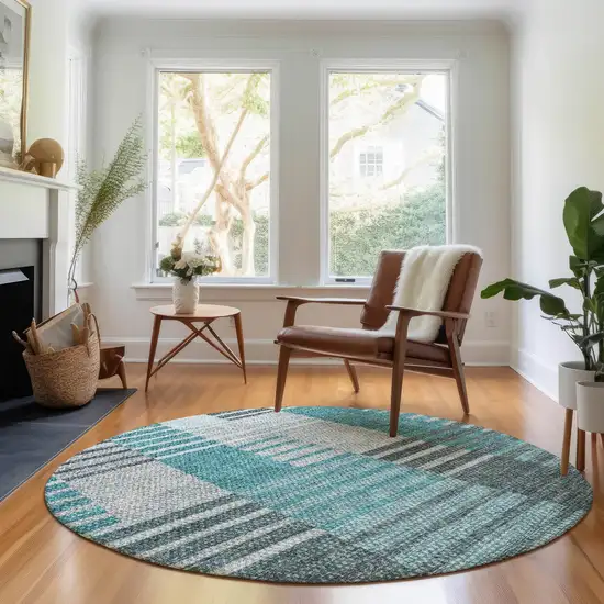 8' Teal Ivory And Gray Striped Washable Round Rug With UV Protection Photo 5