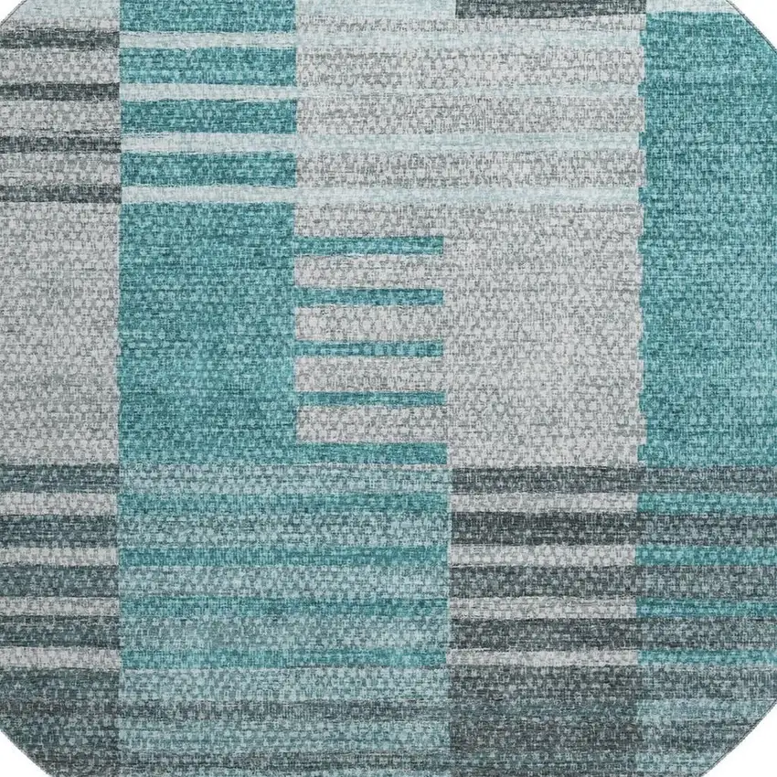 8' Teal Ivory And Gray Striped Washable Round Rug With UV Protection Photo 4