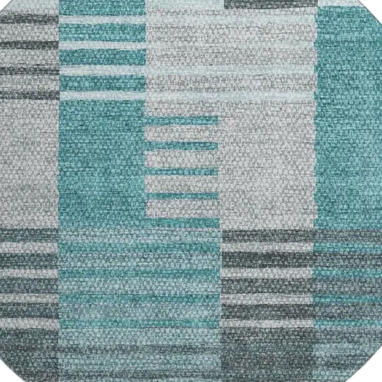 8' Teal Ivory And Gray Striped Washable Round Rug With UV Protection Photo 4
