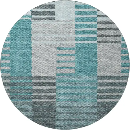 8' Teal Ivory And Gray Striped Washable Round Rug With UV Protection Photo 3