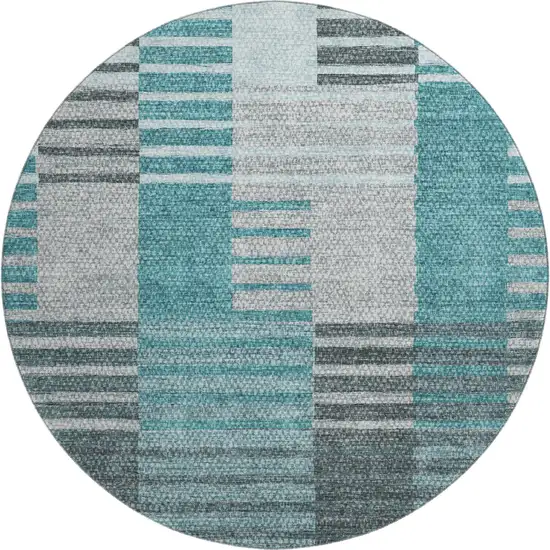 8' Teal Ivory And Gray Striped Washable Round Rug With UV Protection Photo 1