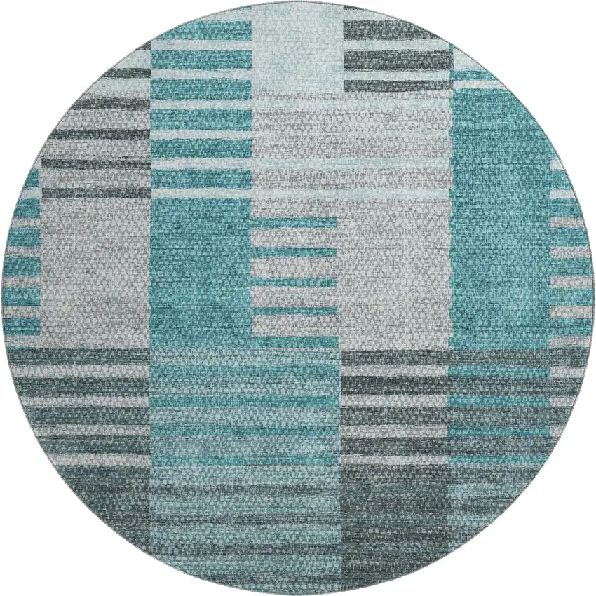 8' Teal Ivory And Gray Striped Washable Round Rug With UV Protection Photo 1