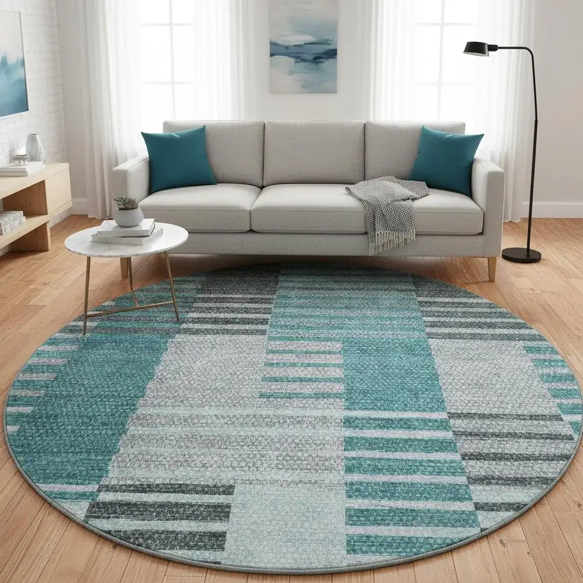 8' Teal Ivory And Gray Striped Washable Round Rug With UV Protection Photo 2