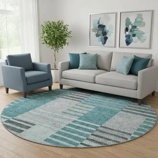 8' Teal Ivory And Gray Striped Washable Round Rug With UV Protection Photo 1
